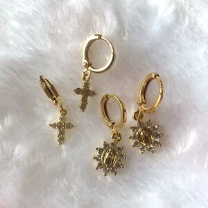 Gold Hoop Earrings with Cross and Virgin Mary Charms (NEW) Hypoallergenic
